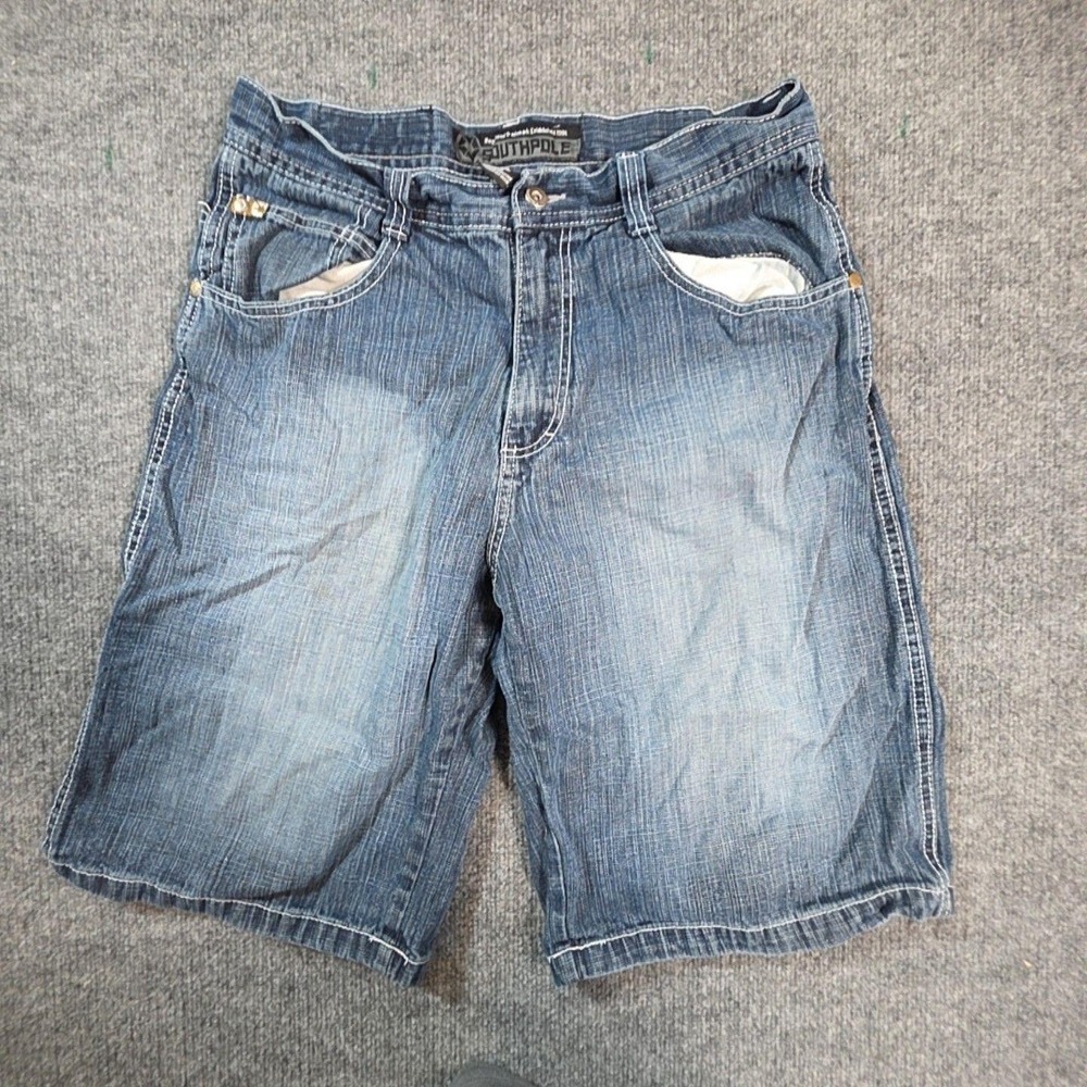 Southpole Denim Shorts Mens 32 Blue Medium Wash Bermuda Relaxed Fit Distressed